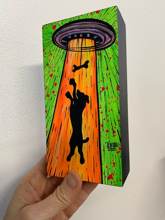 3x6” Neon Fluorescent Happy Doggy Chasing Bone  UFO painting by Tracy Levesque