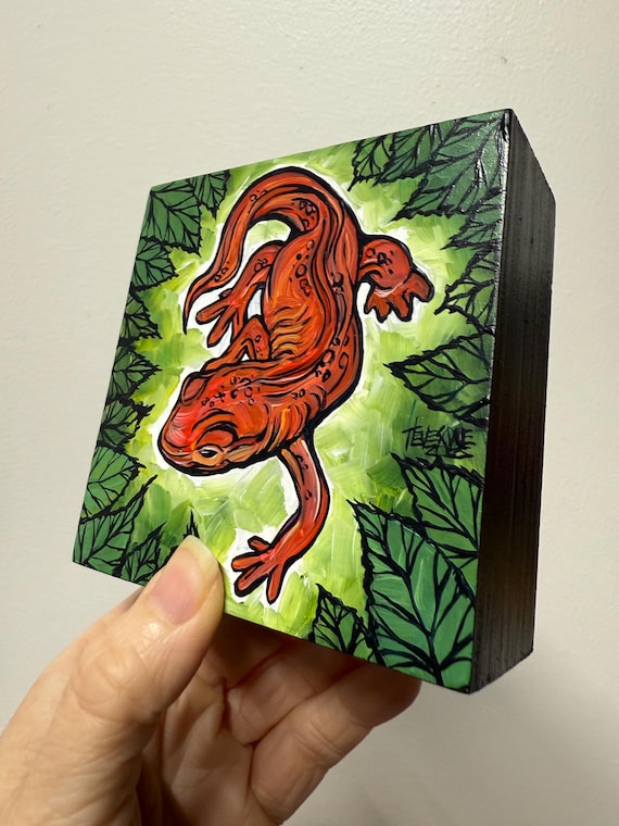 4x4” Red Eft Painting Eastern Newt Red Salamander Painting Original Art by Tracy Levesque