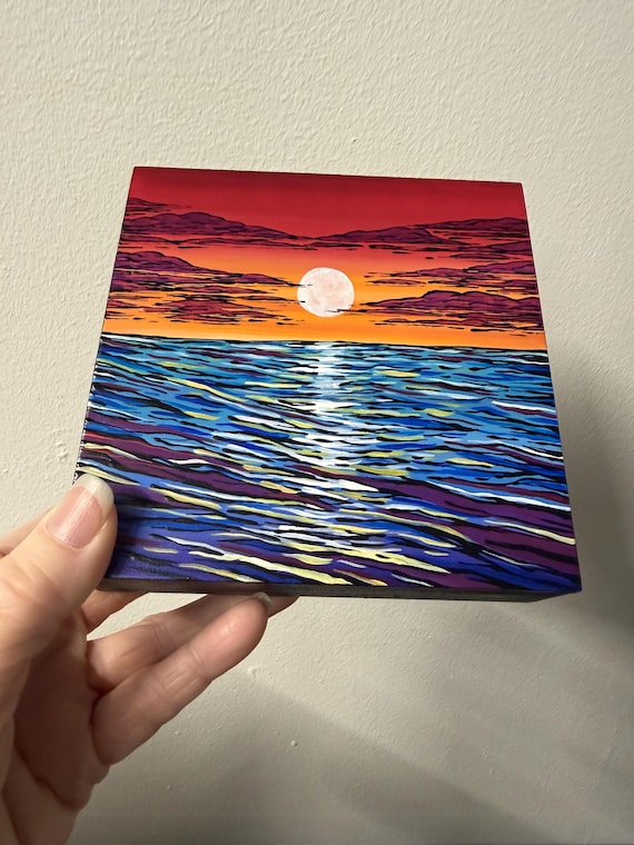 Rainbow Seacape Ocean Painting by Tracy Levesque (5x5”)