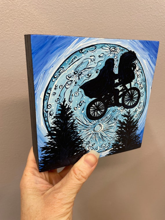 5x5” ET the Extraterrestrial Flying Bike Moon painting by Tracy Levesque