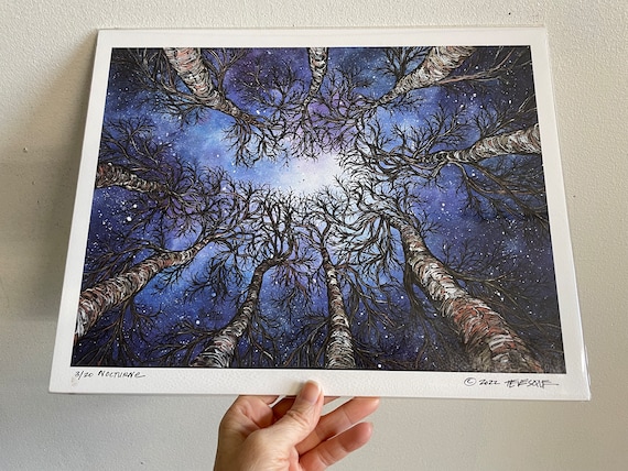 11x14” Giclee print of Nocturne Looking up the Trees at the Stars Night Sky Starry Night Tree print by Tracy Levesque