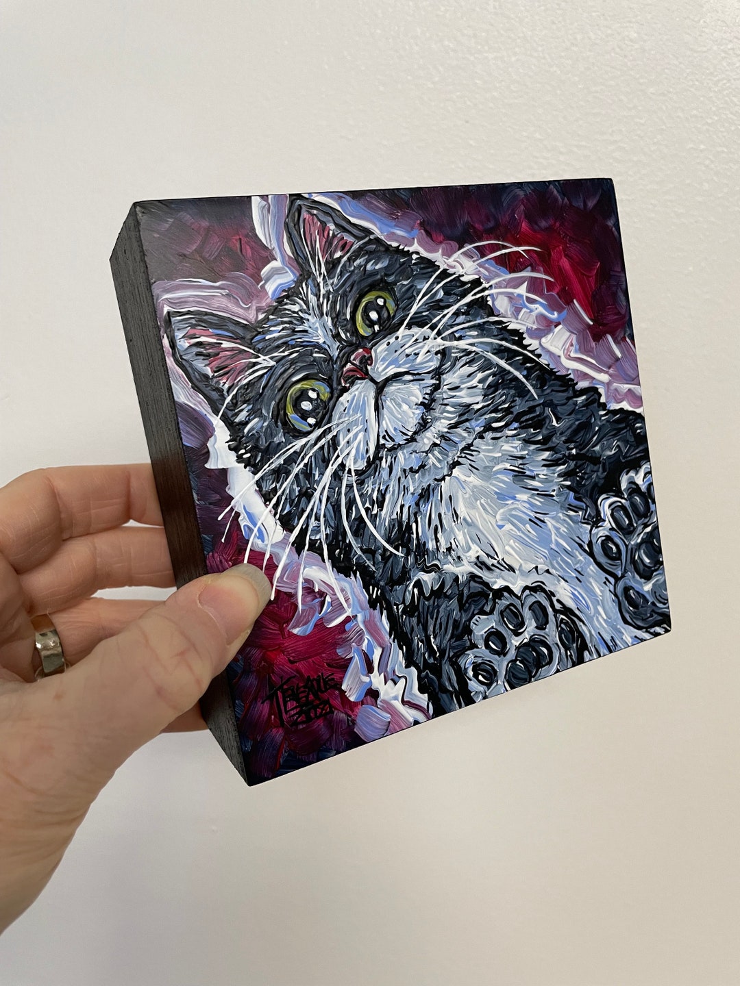 5x5 Cute Black and White Tuxedo Cat Looking Down Original Cat Painting ...