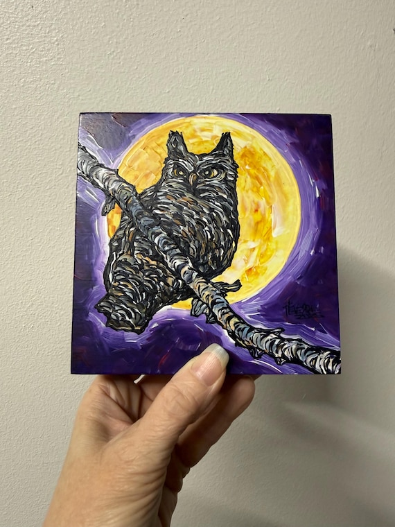 5x5” Owl with Full Moon Bird Art original acrylic painting by Tracy Levesque