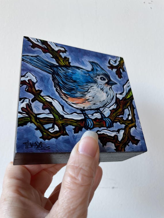 4x4” Tufted titmouse bird winter bird painting by Tracy Levesque