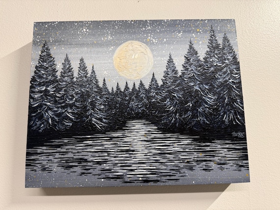 Iridescent Winter Full Moon Painting: Acrylic 11x14”
