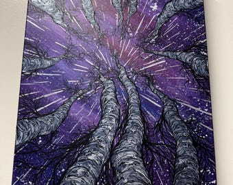 Looking Up the Trees at Shooting Stars Night Sky Painting (16x20”)