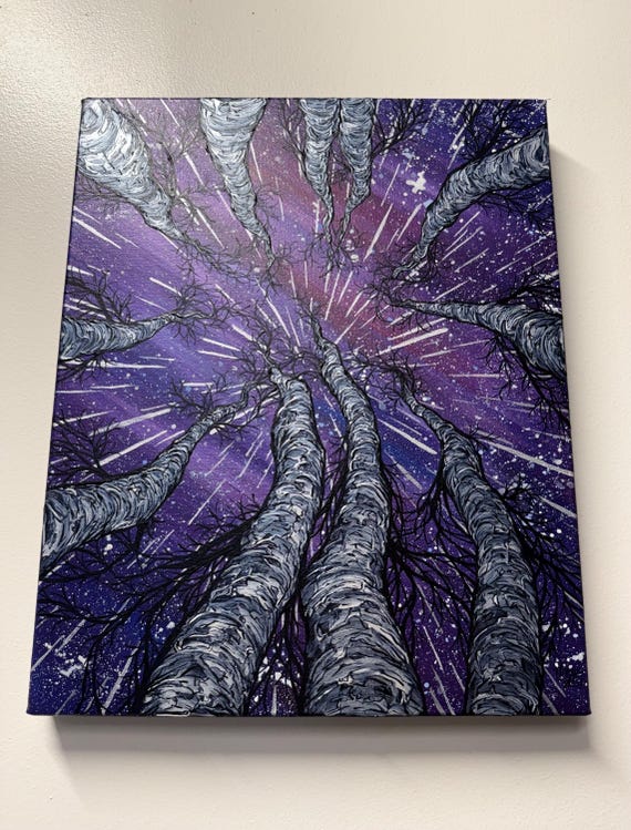 Looking Up the Trees at Shooting Stars Night Sky Painting (16x20”)