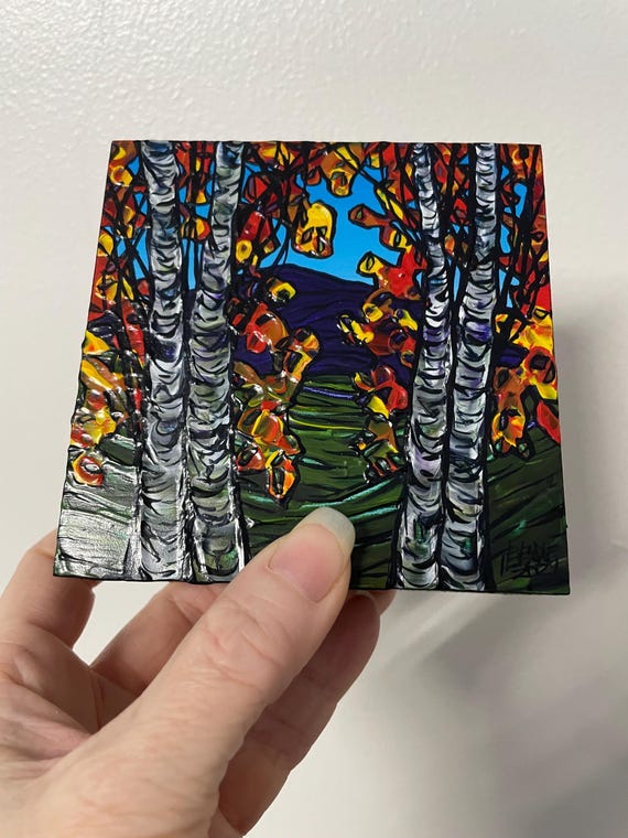 4x4" Autumn Birch Fall Tree Birch Mountain Landscape Painting Fall Friends 2 Tree painting by Tracy Levesque