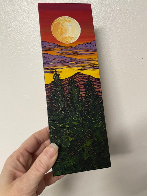 3x9" Gorgeous Hiker’s View in the Mountains Golden Sunset Evergreen Tree Painting by Tracy Levesque