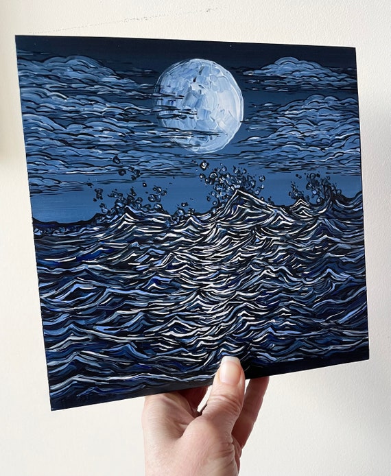 8x8” Blue Tempest Moon Waves Crashing Night Sky Ocean Seascape painting by Tracy Levesque