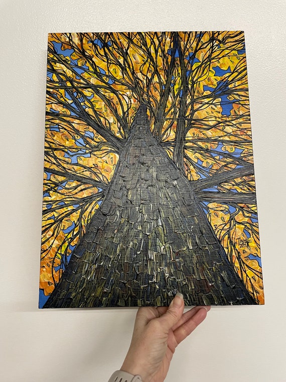 12x16” Golden Fall Tree Looking up the Tree Trunk Hickory Tree painting by Tracy Levesque