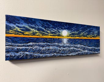Panoramic Sunrise Seascape Painting: Original Acrylic Painting on Canvas (8x24)”