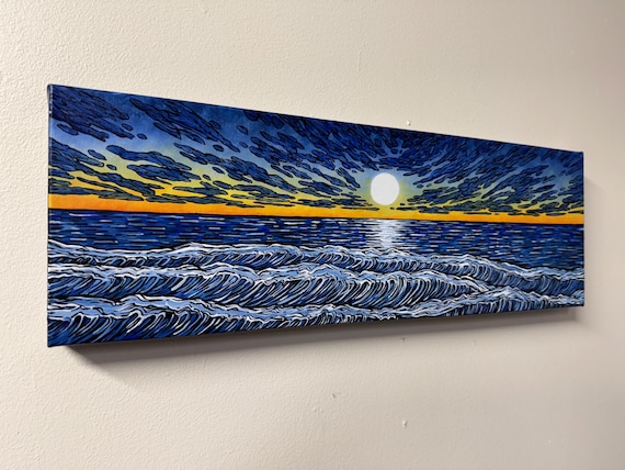 Panoramic Sunrise Seascape Painting: Original Acrylic Painting on Canvas (8x24)”