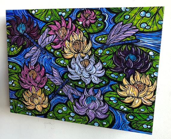 9x12” Sea of Sacred Lotus Flowers original acrylic painting by Tracy Levesque