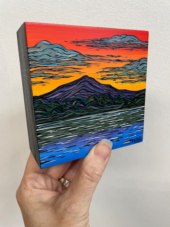 4x4" New Hampshire Mountains Sunset A Beautiful View 3 landscape painting by Tracy Levesque
