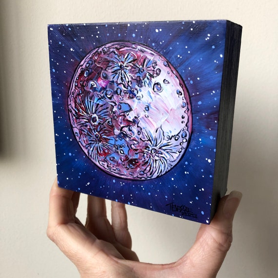 4x4” Gorgeous Super Moon Topographical Moon mini painting by Tracy Levesque