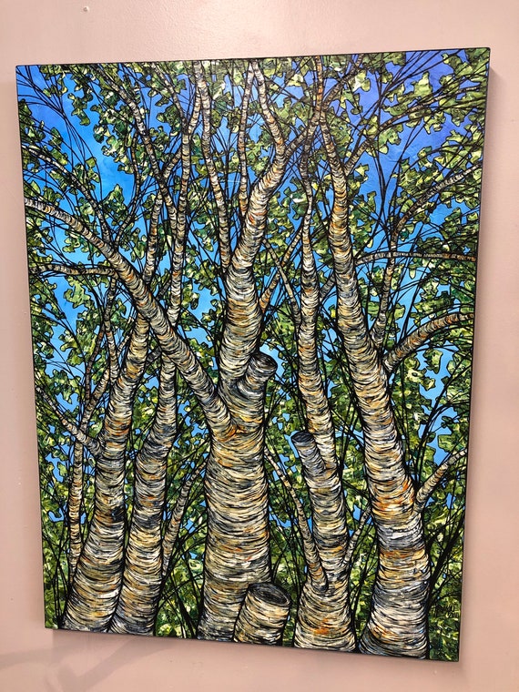 30x40” Birch Tree Trunks original acrylic painting by Tracy Levesque