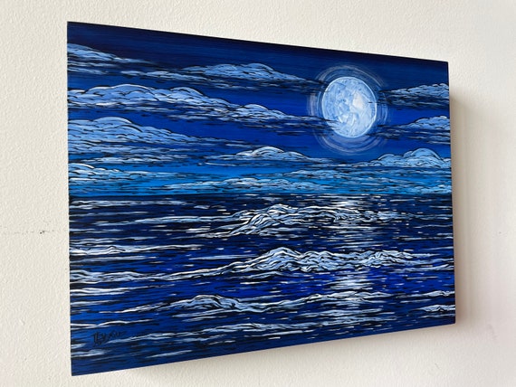 9x12” The Deep Blue Sea Night Sky Seascape painting by Tracy Levesque