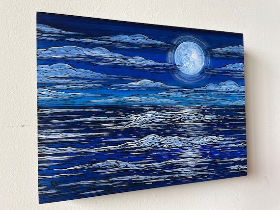 9x12” The Deep Blue Sea Night Sky Seascape painting by Tracy Levesque