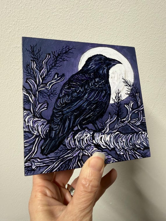 Black Raven in the Moonlight Iridescent Acrylic Painting: Bird Painting (5x5”)