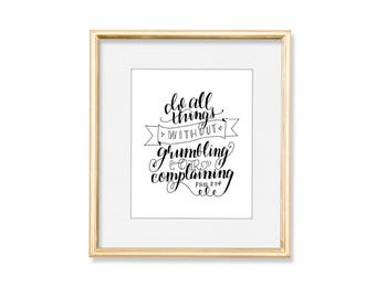Printable Philippians 2:14 // Scripture Art Print, Bible Verse Illustrated Faith Handlettered Calligraphy Home Decor Laundry Room // 8 x 10