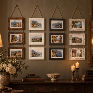May include: Four vertical wall-hanging displays, each featuring three rectangular frames connected by rope. The frames come in brown wood, white, black, and distressed white finishes, all containing landscape photographs of coastal towns.