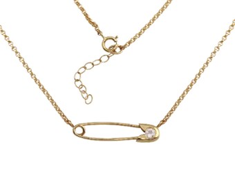 Safety Pin Necklace, Diamond Safety Pin Necklace, Gold Diamond Safety Pin Pendant, Safety Pin Diamond Pendant