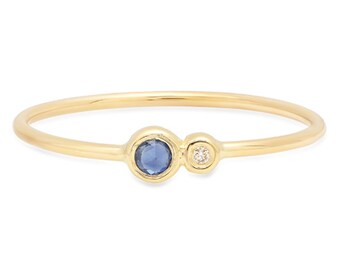 14K Gold Blue Sapphire Ring, Gold Sapphire Diamond Ring, Two Stone Gold Ring, Sapphire Gold Band