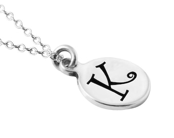 Sterling Silver Round Disc Initial Letter "K" Pendant Necklace, Sterling Silver Initial Charm, Initial Pendant