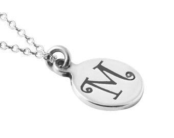 Sterling Silver Petite Round Disc Initial Letter "M" Pendant Necklace, Initial Necklace, Initial Pendant, Initial M Charm