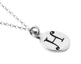 Sterling Silver Round Disc Initial Letter "E" Pendant Necklace, Sterling Silver Initial Charm, Initial H Pendant, H Charm Necklace