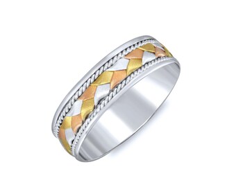 Tri Tone Center Braided Wedding Band. 7mm
