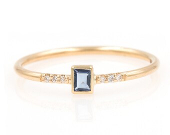 14K Sapphire Baguette Diamond Ring, Blue Sapphire Baguette Ring, Diamond Engagement Ring, Sapphire Engagement Ring