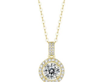 14K Gold Vermeil Solitaire Halo Moissanite Gemstone Pendant | 1ct