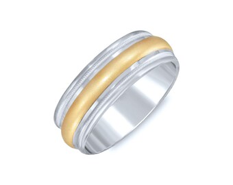 Two Tone Contemporary Convex Domed Wedding Band. 7mm