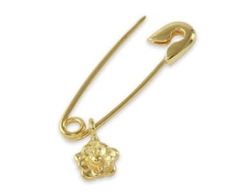 14k Gold Safety Pin Earring With Flower Charm, Safety Pin Earring in 14K Solid Gold and Sterling Silver, Safety Pin Jewelry