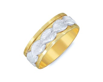 Two Tone Leaf Design Wedding Band. 7mm