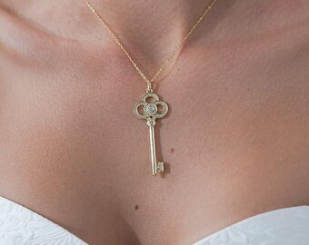 14K Gold Plated .925 Sterling Silver| Diamond Moissanite Sparkling Necklace Jewelry | Key Shaped Pendant Necklace