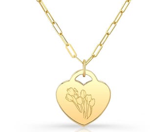 14k Gold Tulip Heart Pendant Necklace, Gold Necklace, Fine Jewlery, Gift