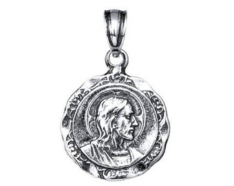 Sterling Silver Jesus Christ Profile Round Necklace Pendant