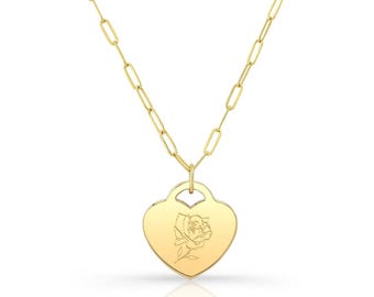 14k Gold Rose Heart Pendant Necklace, Heart jewelry, Valentines day gift