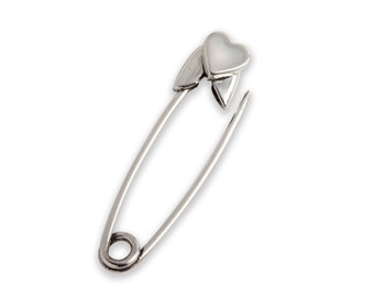Sterling Silver Heart Safety Pin Earring, Safety Pin Earring with Heart Charm, Minimal Safety Pin Earring, Valentines day