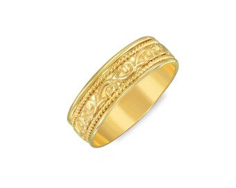 14K Gold Carved Paisley Design Wedding Band. 6mm