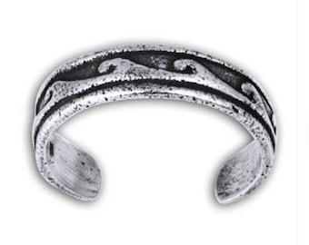 Waves Toe Ring in Sterling Silver, Wave Design Silver Tor Ring, Waves Adjustable Silver Ring, Midi Ring Wave Design Silver