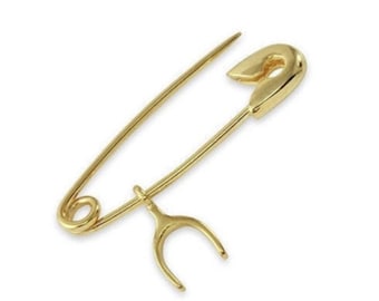 Yellow Gold Safety Earring Pin 14k Yellow, Safety Pin Earring, Wishbone Charm Safety Pin Earring, Charm Safety Pin Earring