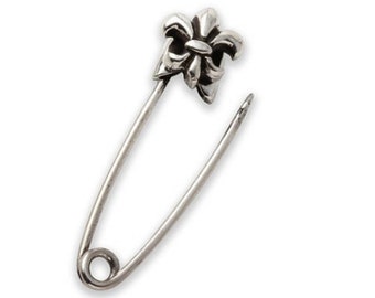 Silver Safety Pin Earring with Fleur De lis charm, Silver, Gold Safety Pin Earring, Safety Pin Jewelry