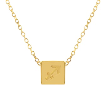 14k Sagittarius Cube Necklace, Zodiac Charm Necklace, Personalized Zodiac Charm, Minimal Zodiac Charm Necklace in 14K Gold Silver