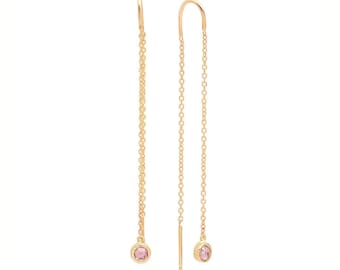Sapphire Thread 14K Gold Earrings, Thread with Round Link Chain - Chain Earrings - Threader Ear Wire, Pink Sapphire Thread Earrings