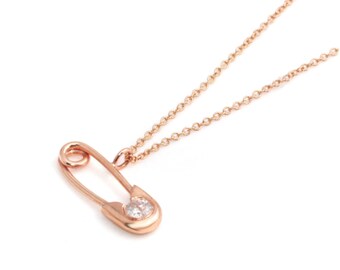 14k Mini Safety Pin Necklace, Diamond Safety Pin Necklace, Gold Diamond Safety Pin Necklace, Gold Safety Pin Charm Necklace