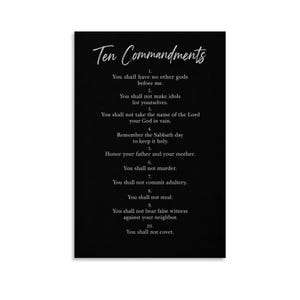 Kunstprint met de Tien Geboden, zwarte achtergrond, modern schrift, Bijbeltekst, wanddecoratie.
